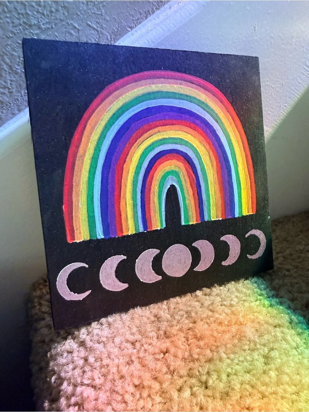 Hand-Painted Rainbow & Moon Phases Wall Art - Black Background